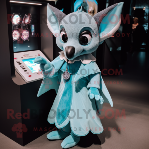 Cyan Bat mascot costume character dressed with a Midi Dress and Coin purses