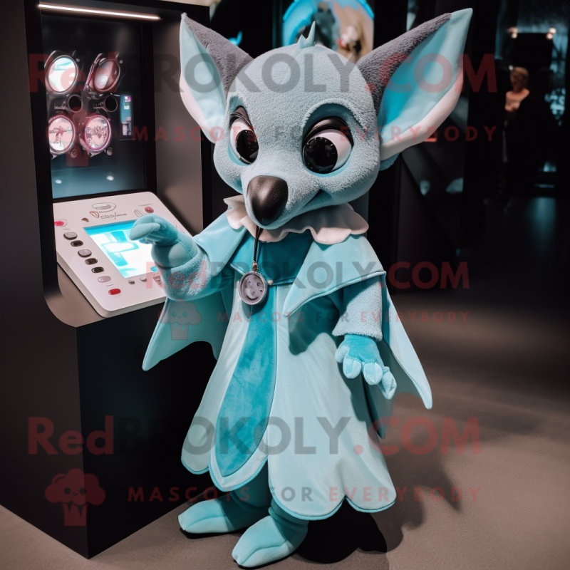 Cyan Bat mascot costume character dressed with a Midi Dress and Coin purses Cyan Bat mascot costume character dressed with a Midi Dress and Coin purses