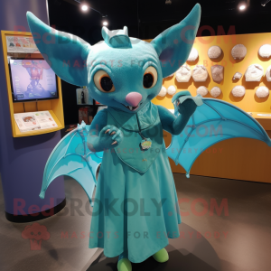 Cyan Bat mascot costume character dressed with a Midi Dress and Coin purses