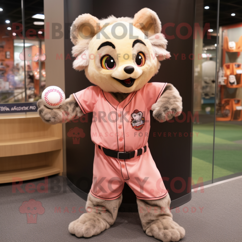 Peach Hyena mascot costume character dressed with a Baseball Tee and Scarves Peach Hyena mascot costume character dressed with a Baseball Tee and Scarves