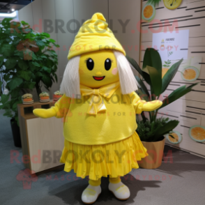 nan Lemon mascot costume character dressed with a Cardigan and Hair clips