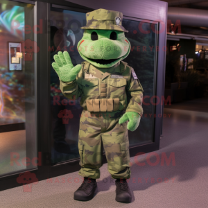 Green Green Beret mascot costume character dressed with a T-Shirt and Gloves