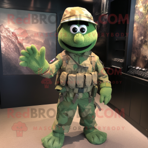 Green Green Beret mascot costume character dressed with a T-Shirt and Gloves