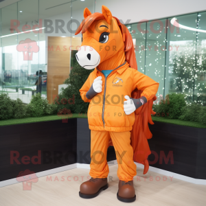 Orange Horse mascot costume character dressed with a Windbreaker and Shoe clips