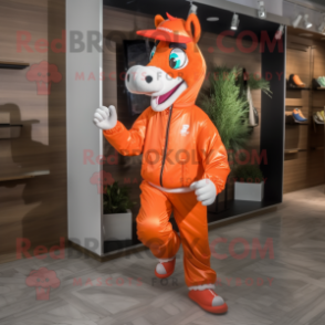 Orange Horse mascot costume character dressed with a Windbreaker and Shoe clips