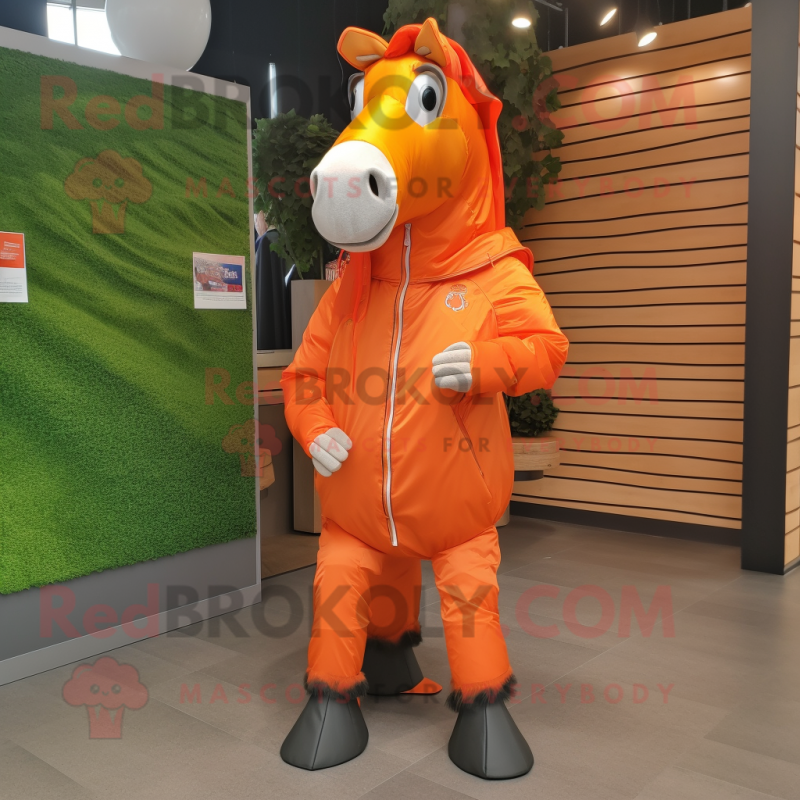 Orange Horse mascot costume character dressed with a Windbreaker and Shoe clips Orange Horse mascot costume character dressed with a Windbreaker and Shoe clips