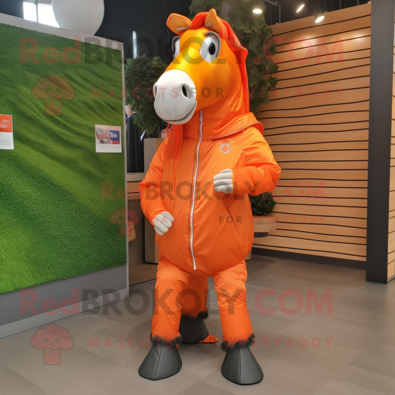 Orange Horse mascot costume character dressed with a Windbreaker and Shoe clips