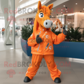 Orange Horse mascot costume character dressed with a Windbreaker and Shoe clips