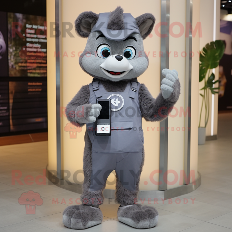 Gray Phone mascot costume character dressed with a Overalls and Digital watches Gray Phone mascot costume character dressed with a Overalls and Digital watches