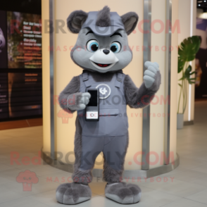 Gray Phone mascot costume character dressed with a Overalls and Digital watches