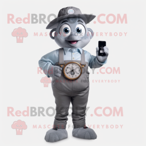 Gray Phone mascot costume character dressed with a Overalls and Digital watches