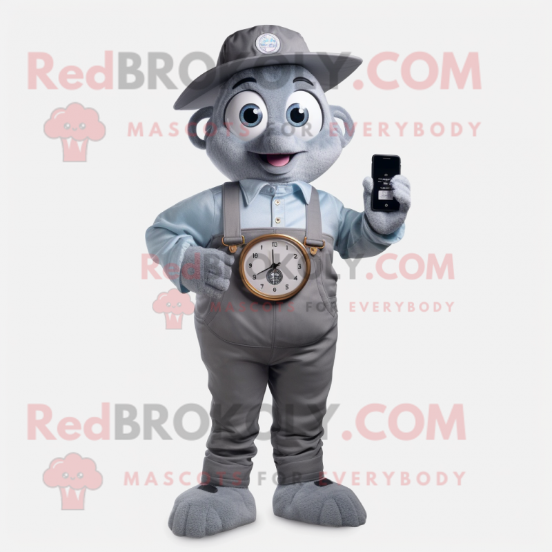 Gray Phone mascot costume character dressed with a Overalls and Digital watches Gray Phone mascot costume character dressed with a Overalls and Digital watches