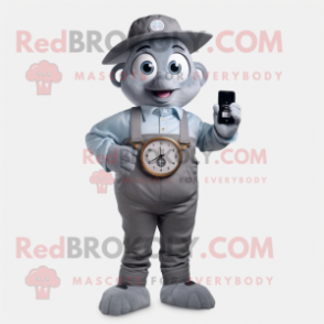 Gray Phone mascot costume character dressed with a Overalls and Digital watches