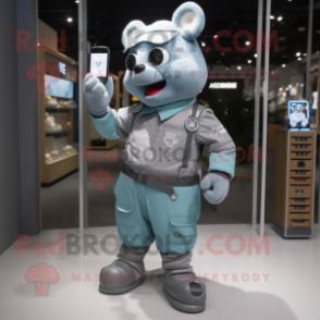 Gray Phone mascot costume character dressed with a Overalls and Digital watches