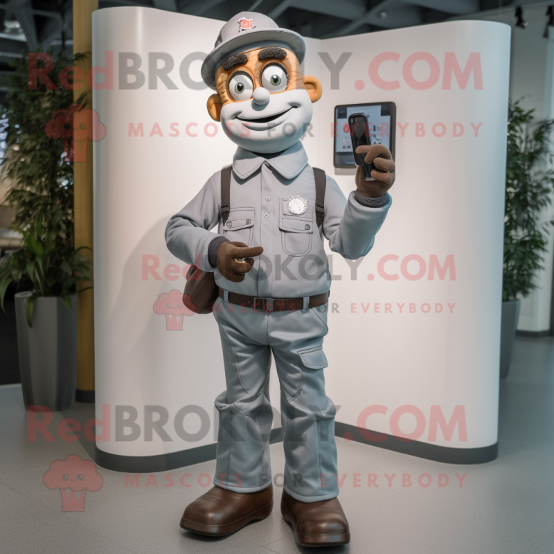 Gray Phone mascot costume character dressed with a Overalls and Digital watches Gray Phone mascot costume character dressed with a Overalls and Digital watches