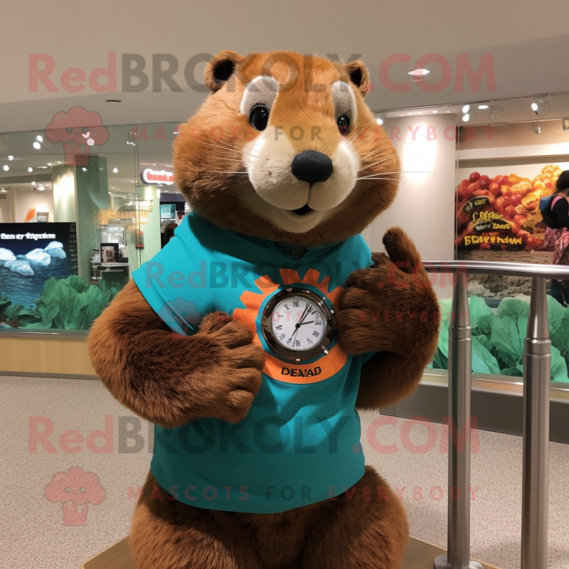 nan Beaver mascot costume character dressed with a Graphic Tee and Bracelet watches