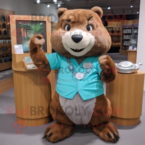 nan Beaver mascot costume character dressed with a Graphic Tee and Bracelet watches