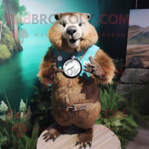 nan Beaver mascot costume character dressed with a Graphic Tee and Bracelet watches