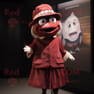 Maroon Cod mascot costume character dressed with a Mini Dress and Hat pins