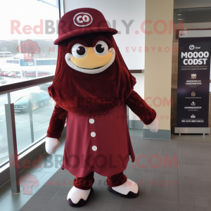 Maroon Cod mascot costume character dressed with a Mini Dress and Hat pins