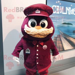 Maroon Cod mascot costume character dressed with a Mini Dress and Hat pins