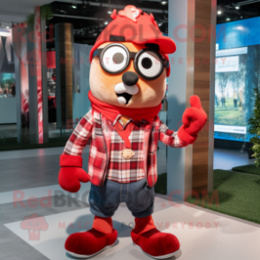 Red Pendant mascot costume character dressed with a Flannel Shirt and Headbands