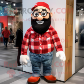 Red Pendant mascot costume character dressed with a Flannel Shirt and Headbands