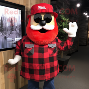 Red Pendant mascot costume character dressed with a Flannel Shirt and Headbands