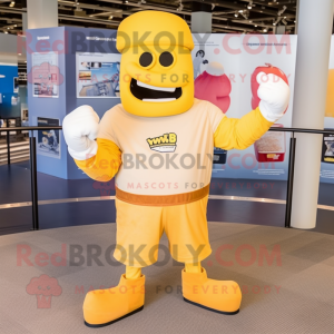 Gold Boxing Glove mascot costume character dressed with a Button-Up Shirt and Hats