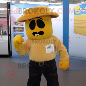 Gold Boxing Glove mascot costume character dressed with a Button-Up Shirt and Hats