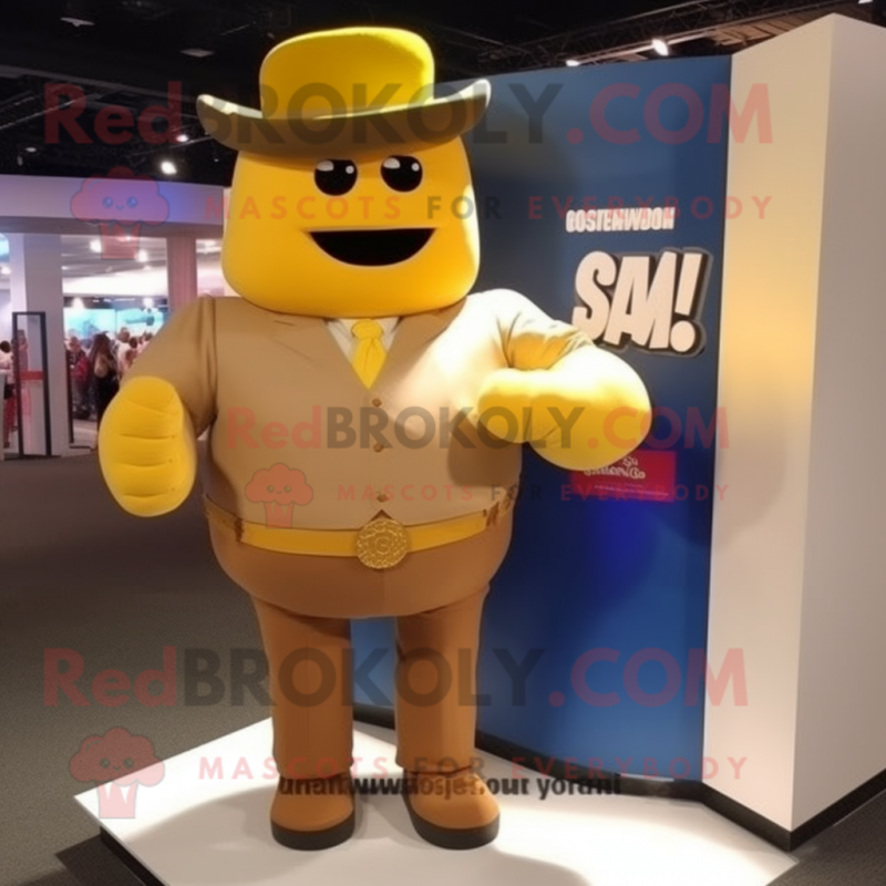 Gold Boxing Glove mascot costume character dressed with a Button-Up Shirt and Hats Gold Boxing Glove mascot costume character dressed with a Button-Up Shirt and Hats