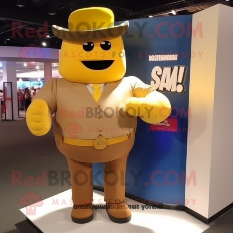 Gold Boxing Glove mascot costume character dressed with a Button-Up Shirt and Hats