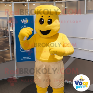 Gold Boxing Glove mascot costume character dressed with a Button-Up Shirt and Hats