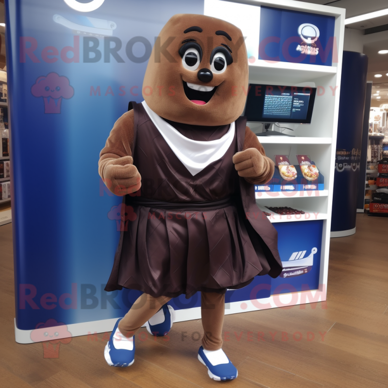 Navy Chocolate Bar mascot costume character dressed with a Running Shorts and Shawls