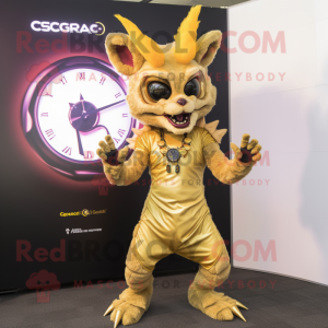 Gold Chupacabra mascot costume character dressed with a Circle Skirt and Digital watches