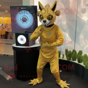 Gold Chupacabra mascot costume character dressed with a Circle Skirt and Digital watches