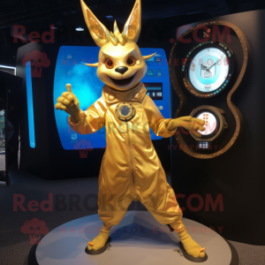 Gold Chupacabra mascot costume character dressed with a Circle Skirt and Digital watches