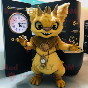 Gold Chupacabra mascot costume character dressed with a Circle Skirt and Digital watches