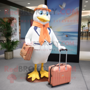 Peach Seagull mascot costume character dressed with a V-Neck Tee and Messenger bags