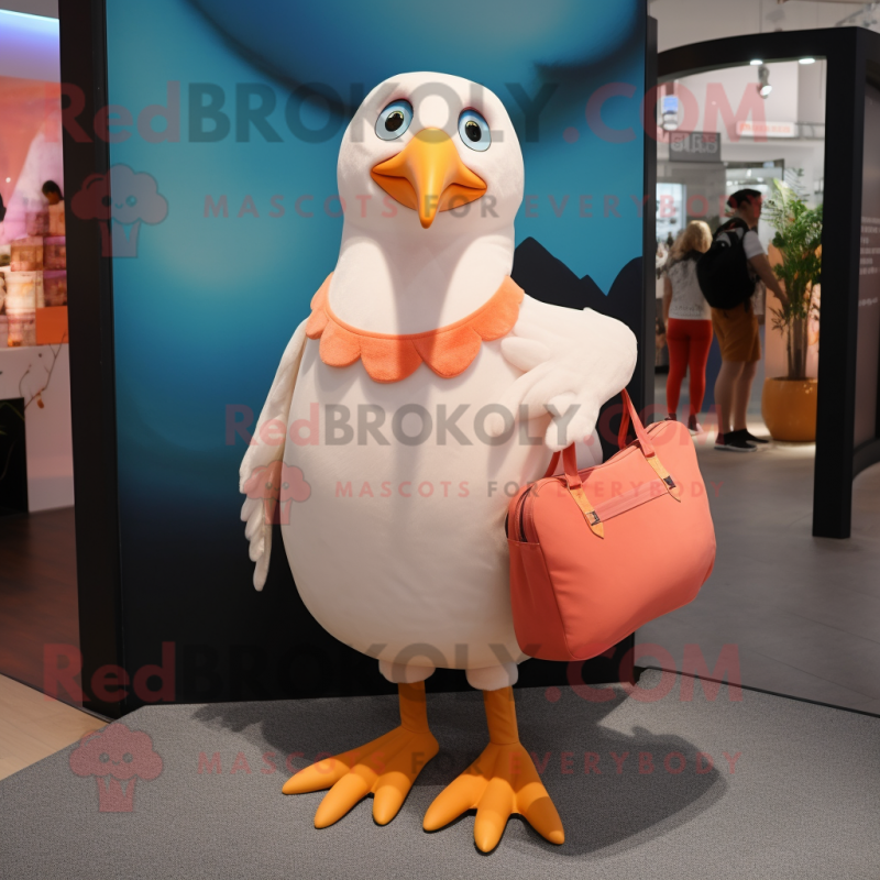 Peach Seagull mascot costume character dressed with a V-Neck Tee and Messenger bags