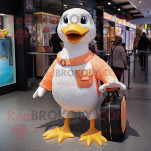 Peach Seagull mascot costume character dressed with a V-Neck Tee and Messenger bags