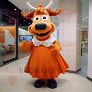 Orange Cow mascot costume character dressed with a Wrap Skirt and Cummerbunds