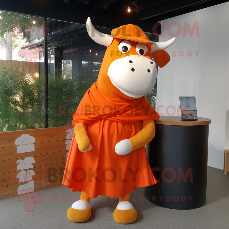 Orange Cow mascot costume character dressed with a Wrap Skirt and Cummerbunds