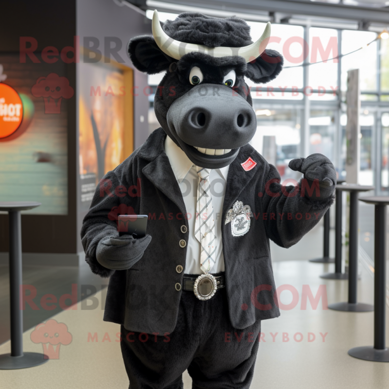 Black Steak mascot costume character dressed with a Blouse and Lapel pins Black Steak mascot costume character dressed with a Blouse and Lapel pins