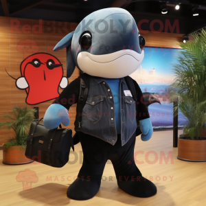 Navy Killer Whale mascot costume character dressed with a Denim Shorts and Tote bags