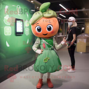 Peach Spinach mascot costume character dressed with a Mini Skirt and Smartwatches