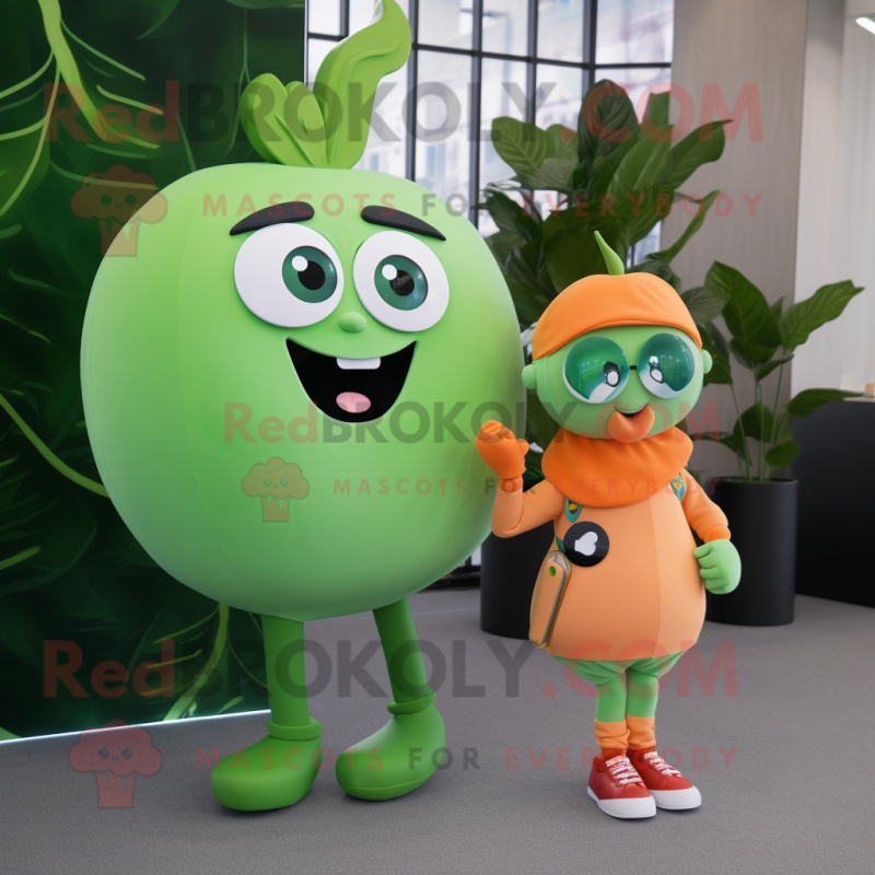 Peach Spinach mascot costume character dressed with a Mini Skirt and Smartwatches