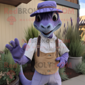 Lavender Utahraptor mascot costume character dressed with a Overalls and Mittens