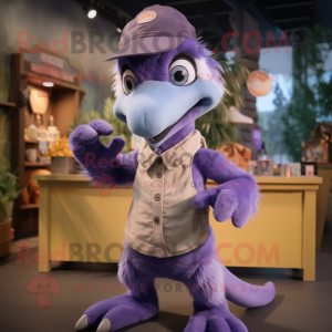 Lavender Utahraptor mascot costume character dressed with a Overalls and Mittens