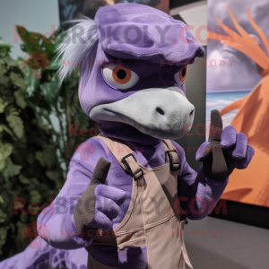 Lavender Utahraptor mascot costume character dressed with a Overalls and Mittens